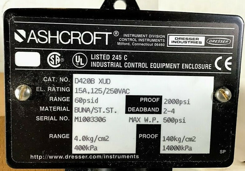 1 NEW ASHCROFT D420B-XUD DIFFERENTIAL PRESSURE SWITCH NIB ***MAKE OFFER***