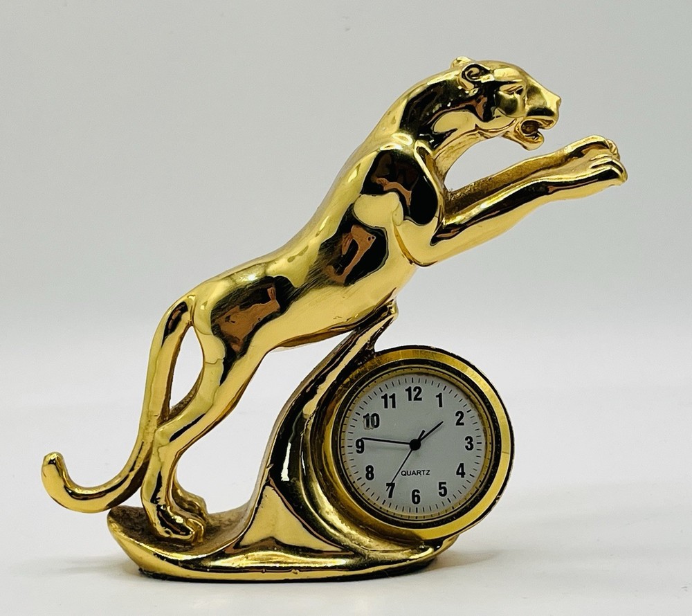 Vintage Solid Brass Leaping Jaguar Desk Clock
