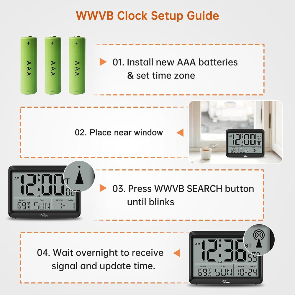 Atomic Digital Wall Clock Battery Operated, Self-Setting, Large Display with Tem