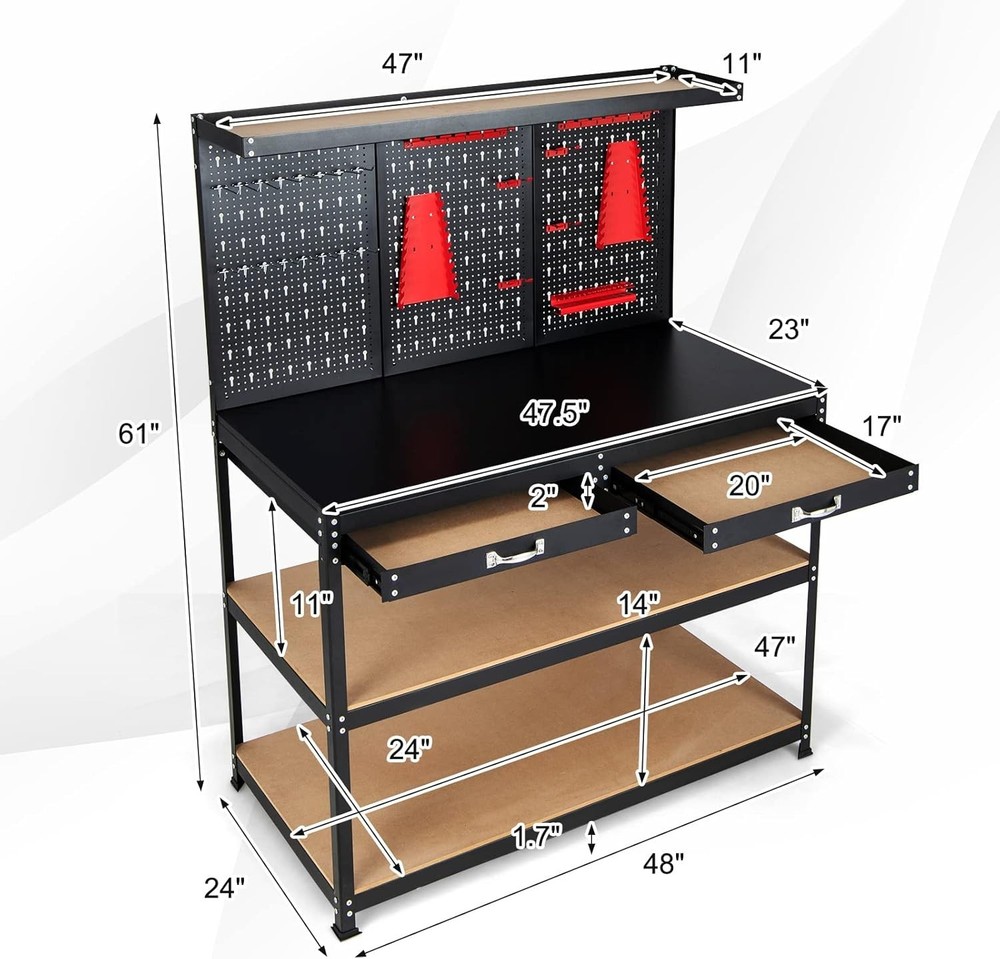 Robust 48" x 24" Heavy Duty Workbench with Pegboard & 2 Drawers - Easy Assemble