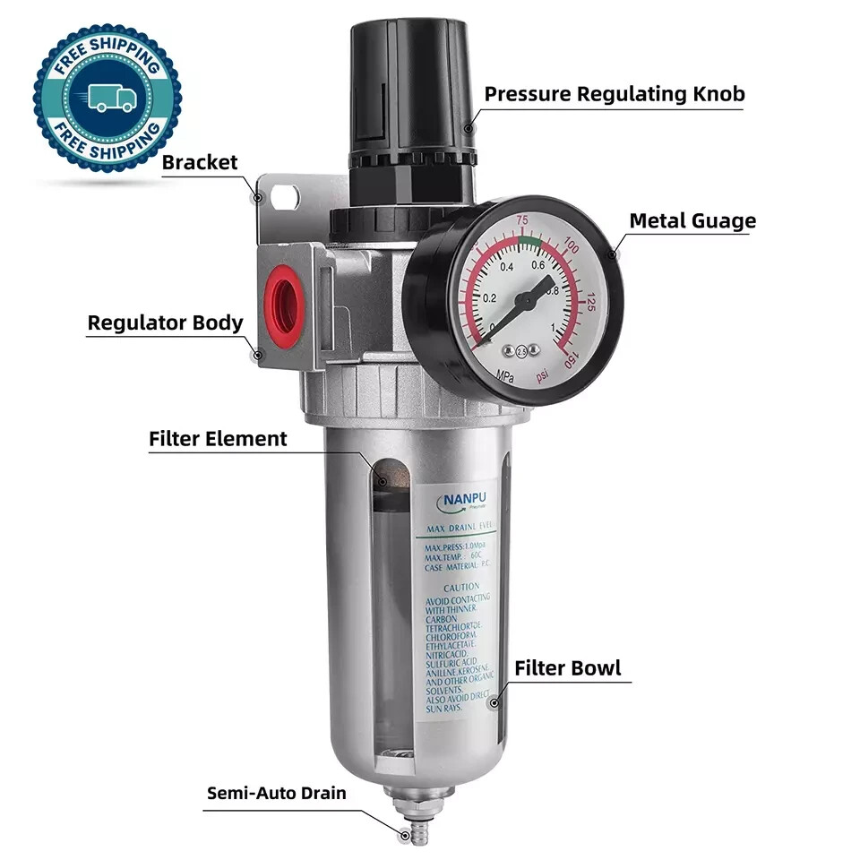 1/2" NPT Compressed Air Filter Regulator Combo, Air Filter Pressure Regulator Ga