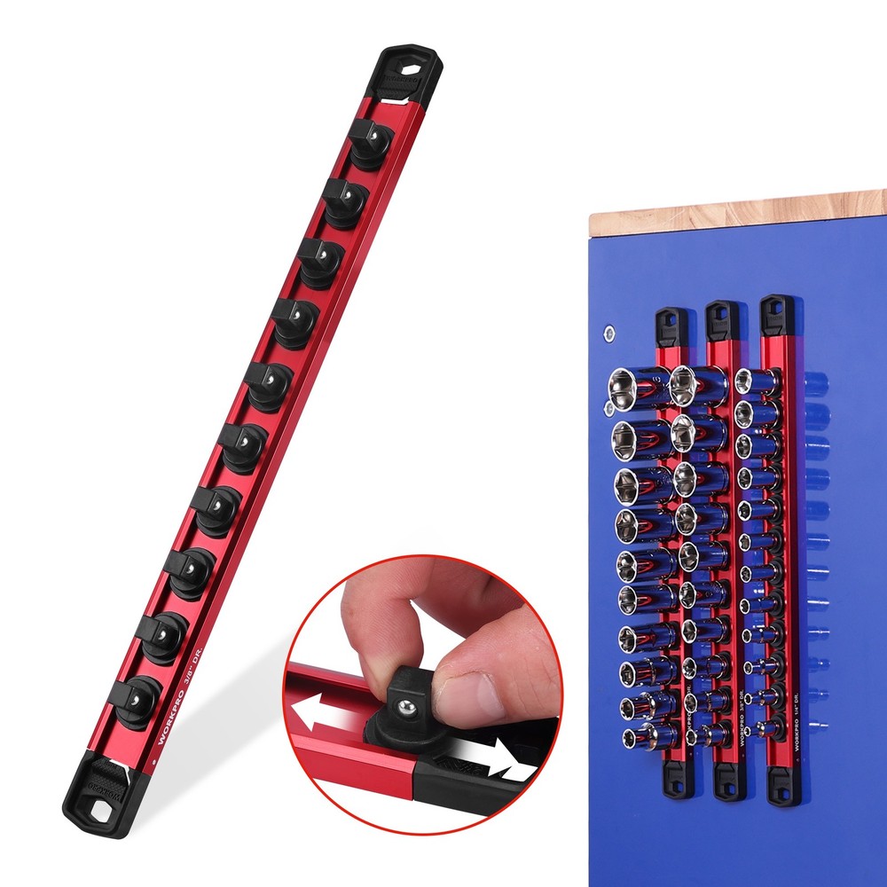 WORKPRO 3/8" Drive Magnetic Socket Organizer with 10Pcs Removable Socket Clips