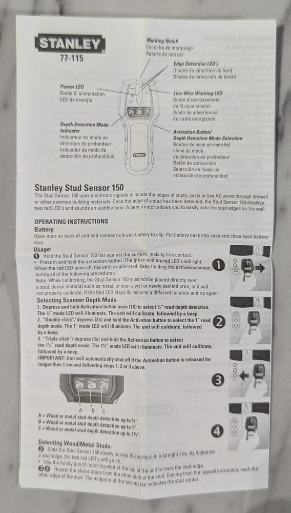 STANLEY STUD FINDER SENSOR 150 BATTERY OPERATED AC POWER DETECTION