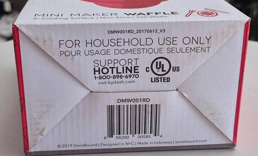 Dash Mini Maker Waffle Iron 4" Non-Stick Cooking Surface Red Compact Design