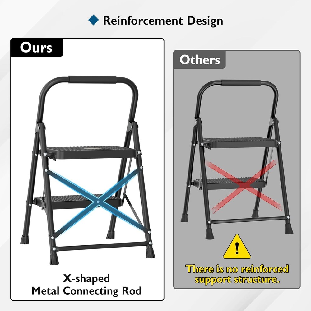 2-Step Ladder, Folding Step Stool, 600lbs Max Load Capacity, Sturdy Steel, No...