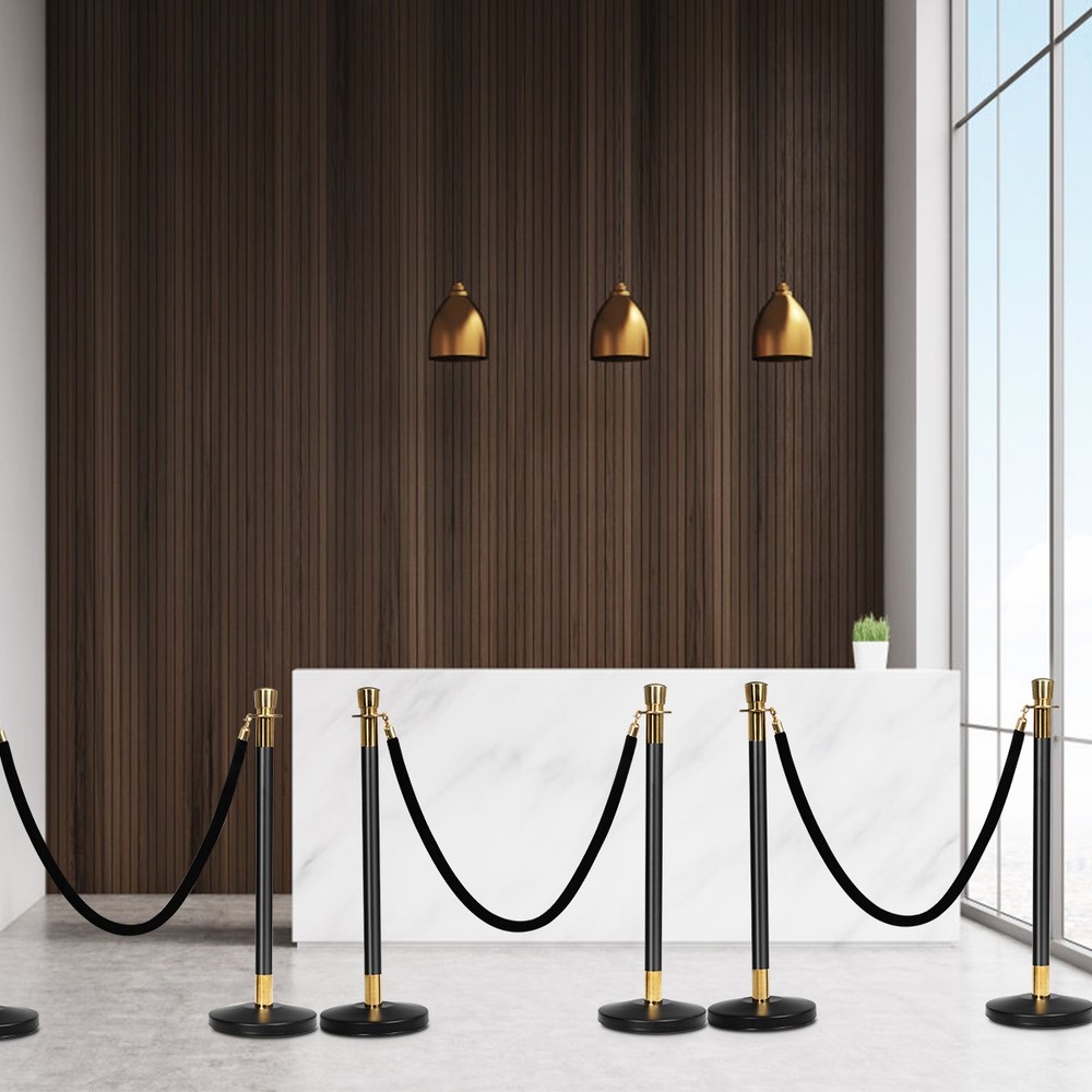 6Pcs Stanchion Posts Queue Pole Retractable 3 Velvet Ropes Crowd Control Barrier