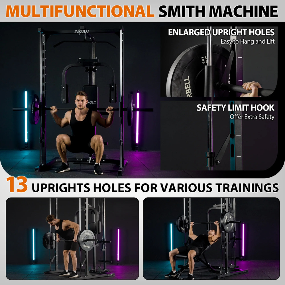 Smith Machine Home Gym, Multi-Functional Power Rack with Pec Deck Machine, Lat P
