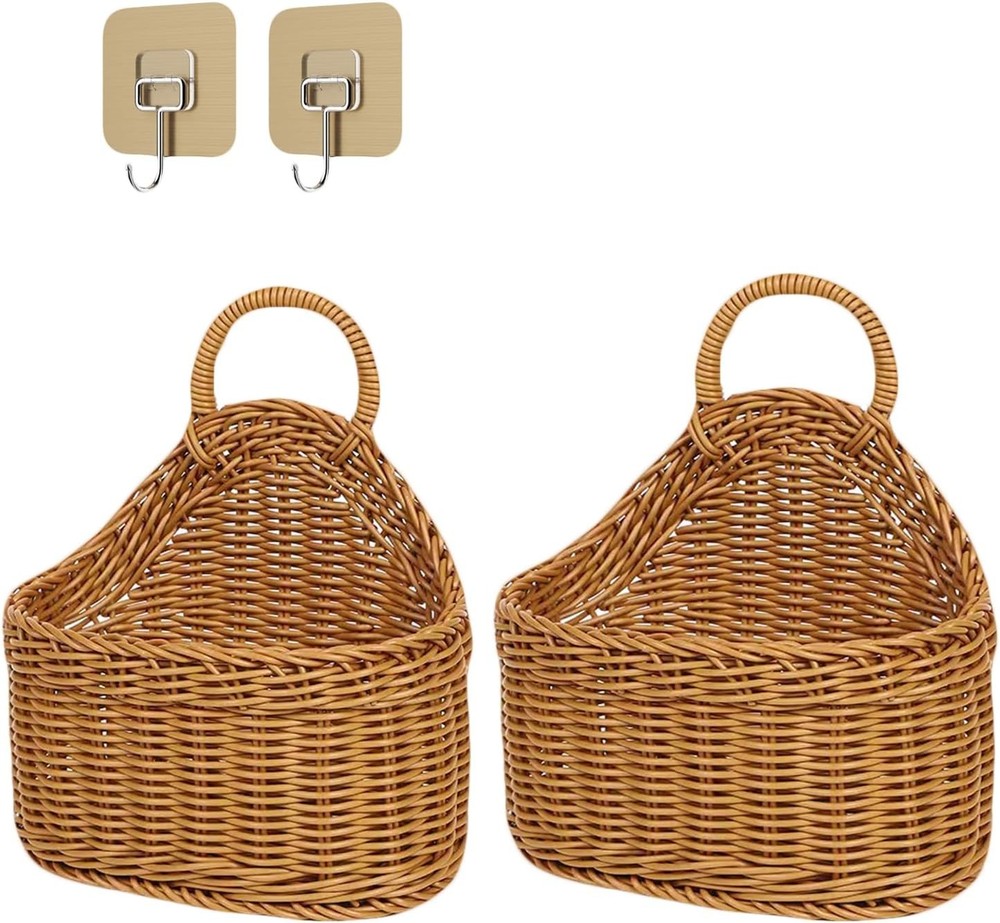 2Pcs Hanging Storage Baskets Plastic Woven Hanging Basket W/ Hook Flower Bin