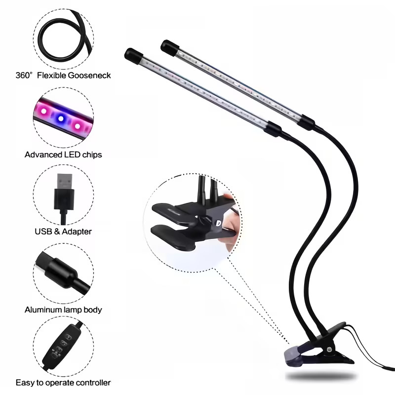 2-Head Clip On LED Grow Light Full Spectrum Timer Dimmable for Indoor (2Pack)