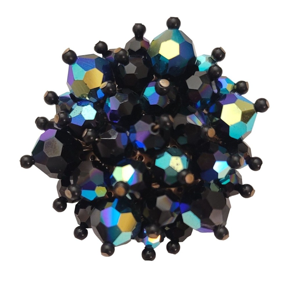 Black & Blue AB Glass Beaded Round Cluster Brooch Pin E530