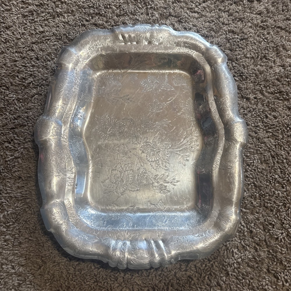 Silver Plate Rectangle Etched Serving Tray Footed with Handle 12"