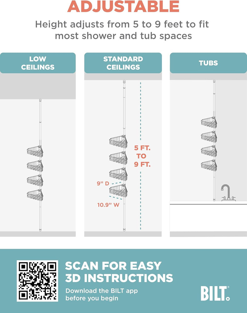 Tension Pole Shower Caddy, Corner Shower Storage System with 4 Adjustable Basket