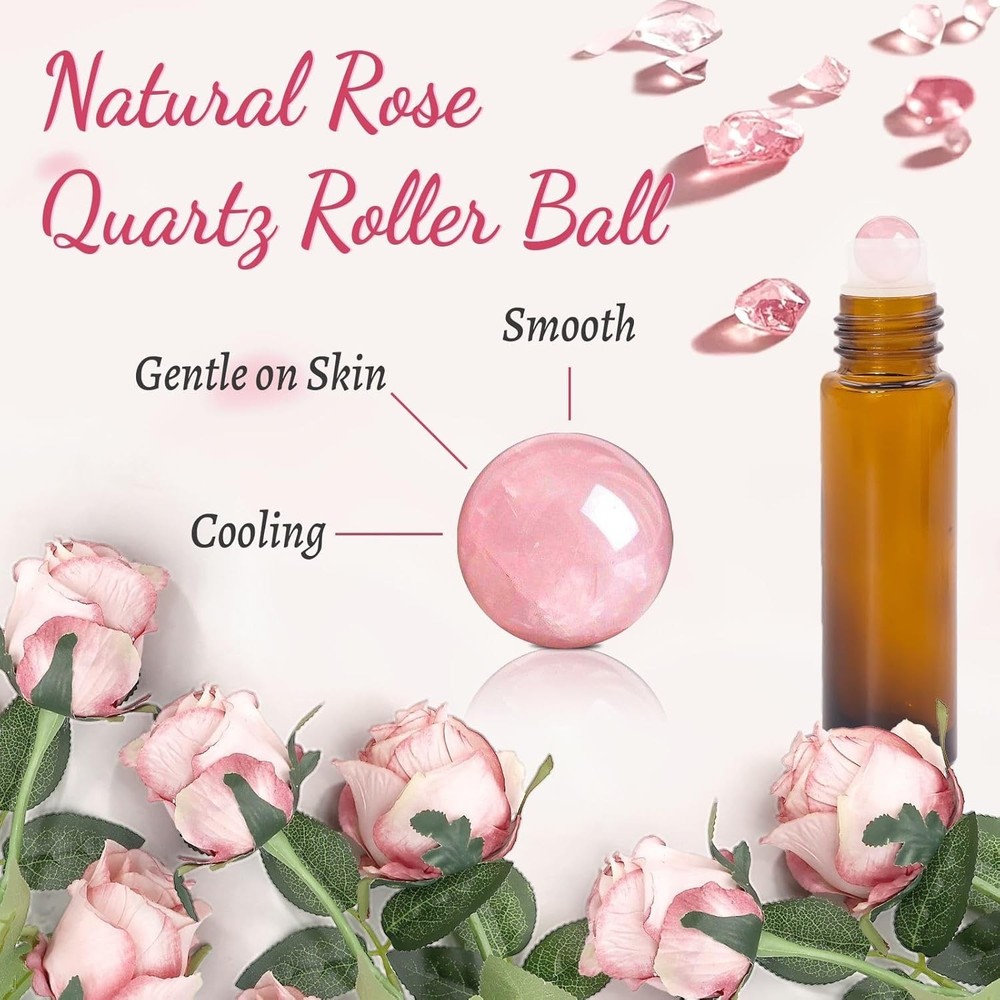 8 Pack Rose Quartz Roller Bottles for Essential Oils, 10Ml Refillable Amber Glas