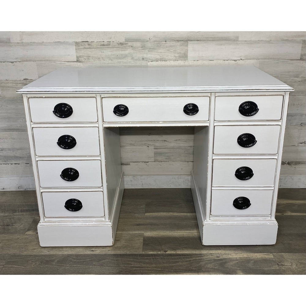 White Vintage Desk Refinished Black Hardware Sturdy