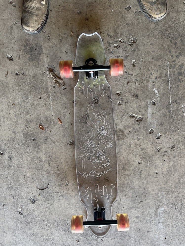 Clear Acrylic Drop Through Longboard with Grim Reaper Graphic and Red Wheels