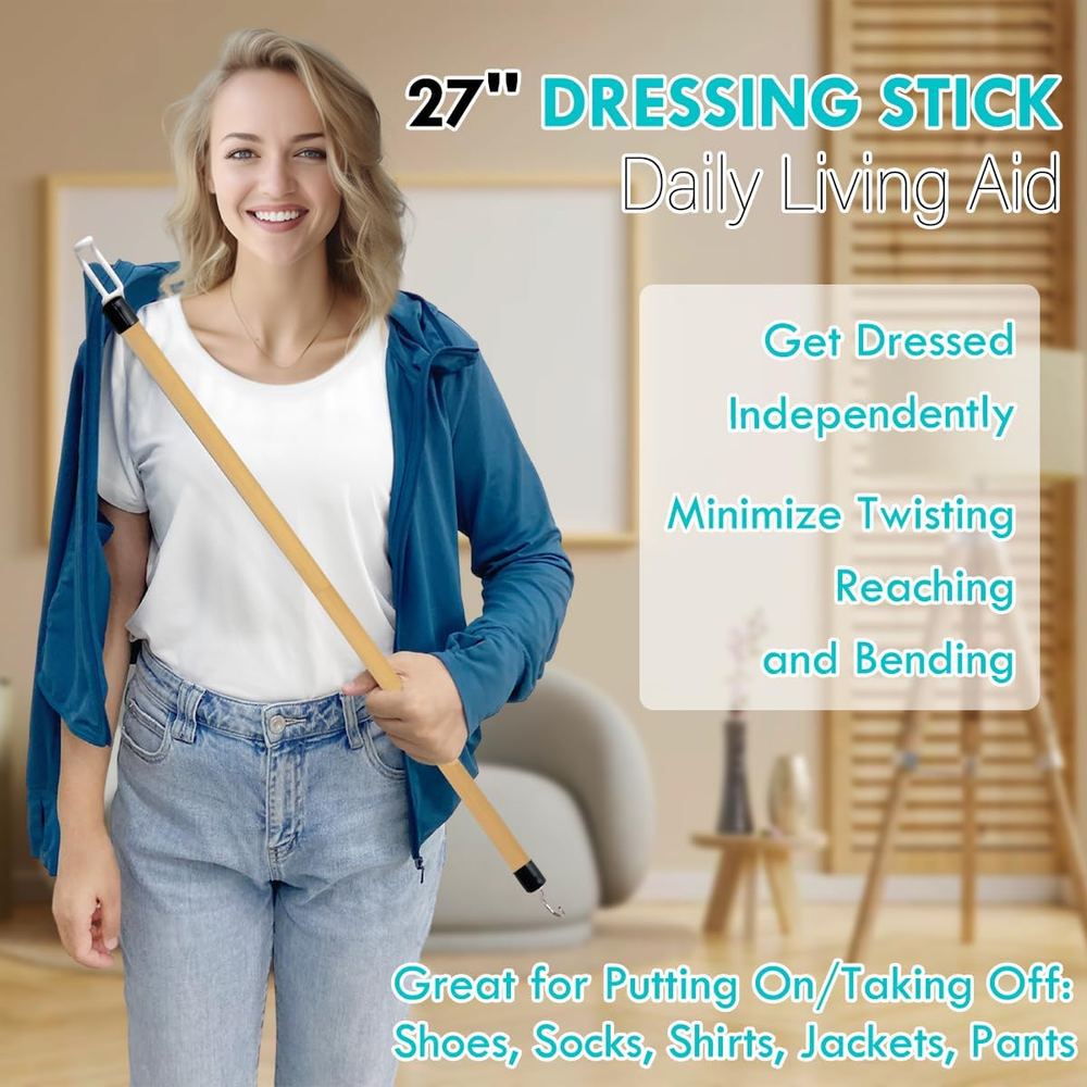 27'' Dressing Stick, Long Dressing Stick for Elderly, Disabled, Limited Mobility
