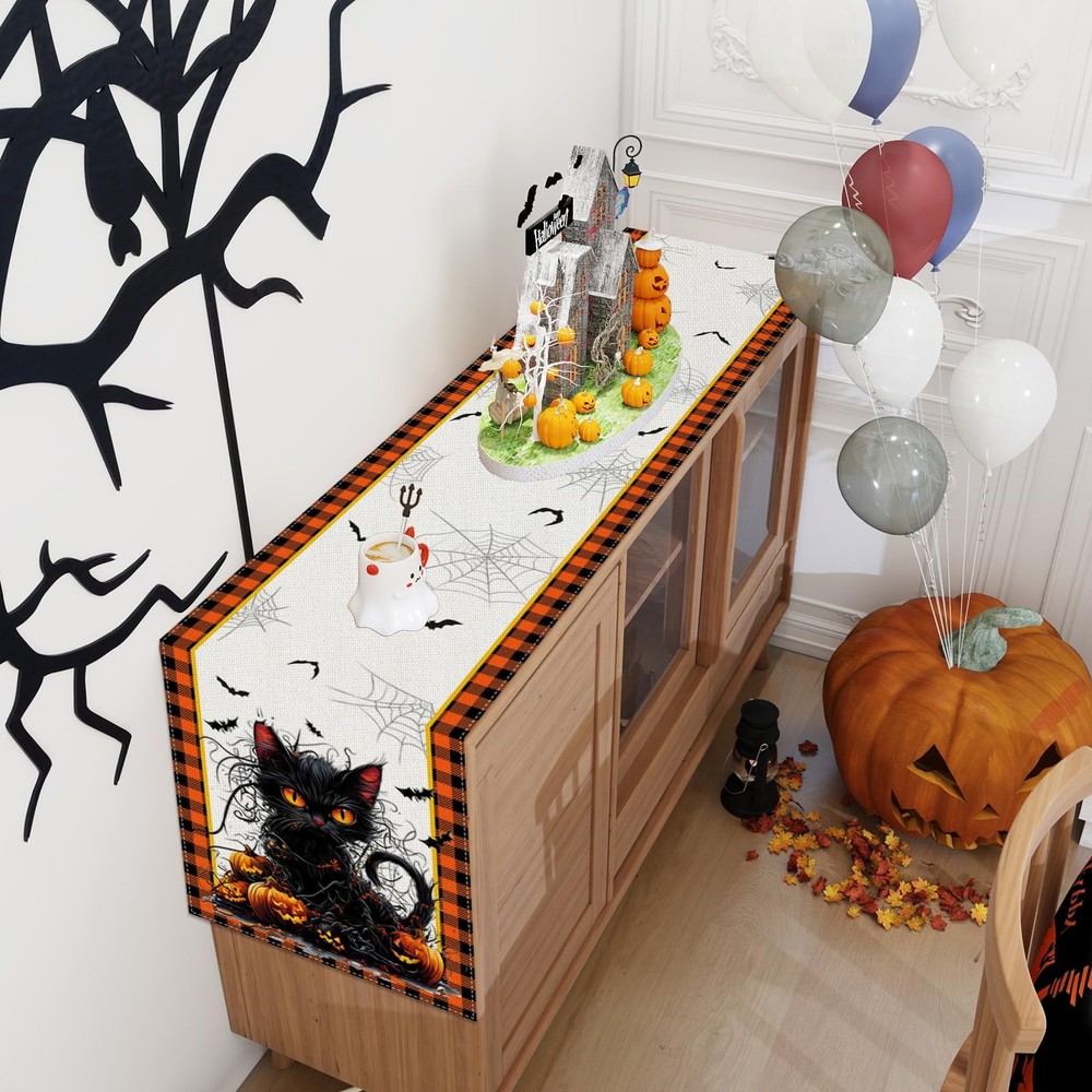 Halloween Decorations Black Cat Pumpkin Bat Spiderweb Table Runner Gift 13"x72"