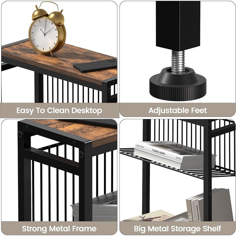 Narrow Industrial End Table Multi-Purpose Storage Snack Table W/ Adjustable Feet
