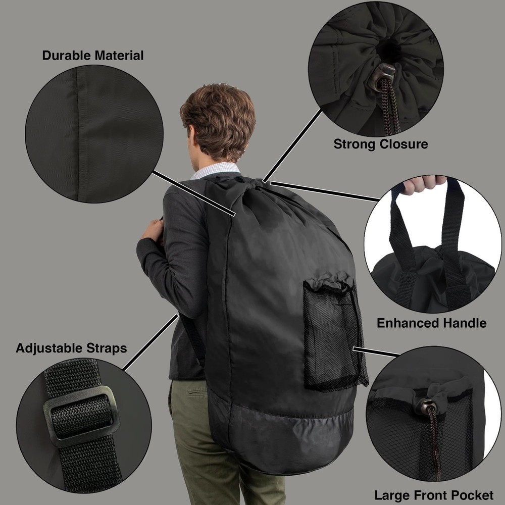 Laundry Sack Backpack with Adjustable Shoulder Straps and Reinforced Mesh, Black