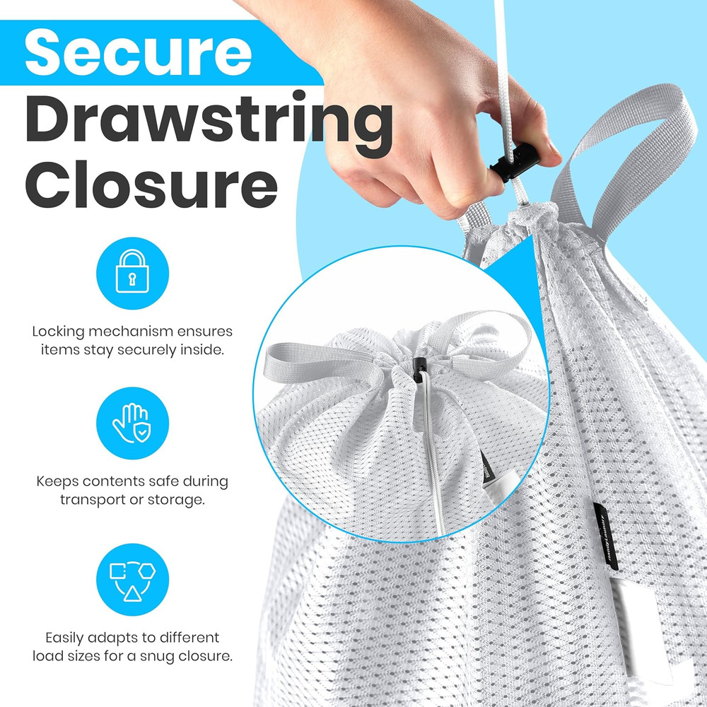Large Mesh Laundry Bags – Heavy-Duty, Handles, Shoulder Strap, Drawstring, White