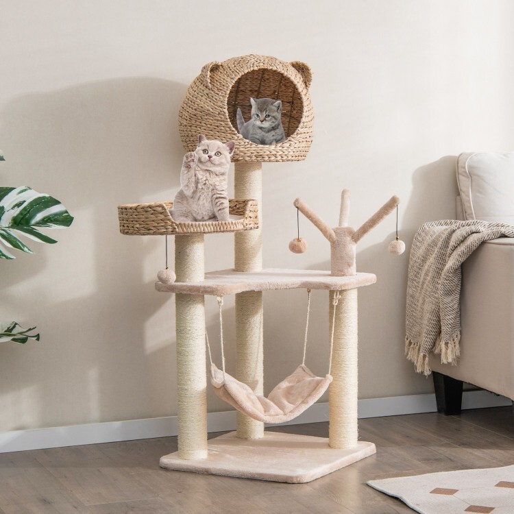 Cat Tree Cat Tower Scratching Post Cat Condo w/Hammock & Rotatable Hanging Balls