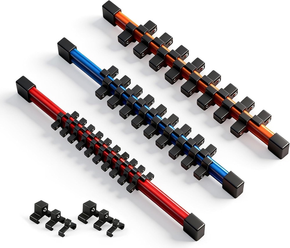 3-Pcs ABS Socket Holders for 1/4, 3/8, 1/2-Inch Sockets - Color-Coded