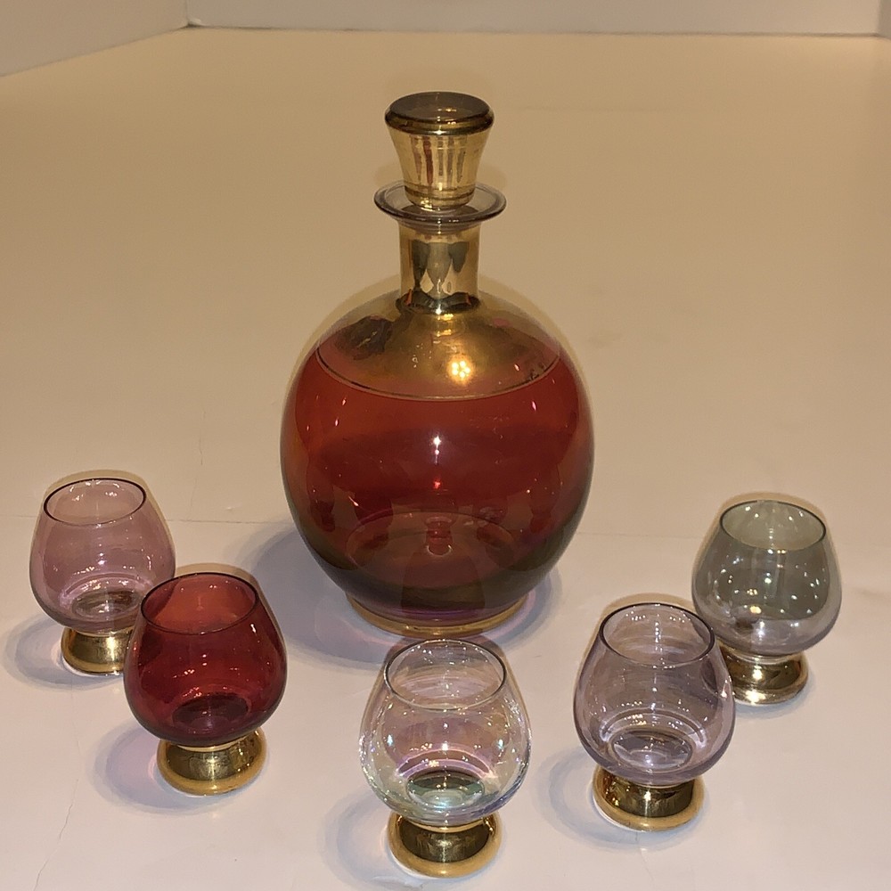Cordial Cognac Decanter Glasses Set Multi Colored Glass Glass Ruby
