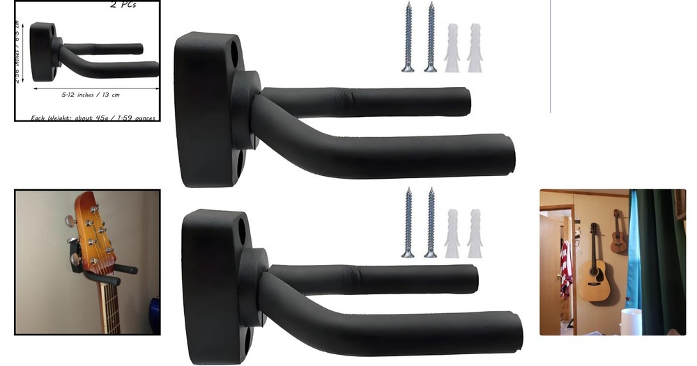 2 Pack Adjustable Guitar Wall Mounts with Non-Marring Foam Pads - Easy Install