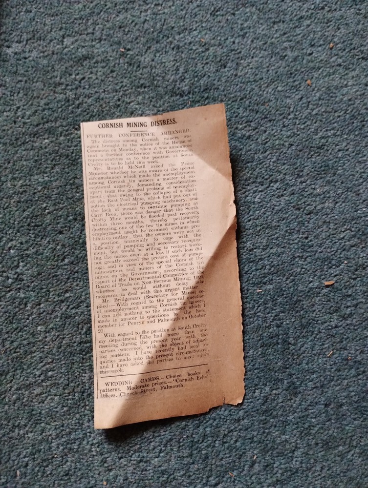 Sk231 Ephemera 1921 Article Cornish Mining Distress