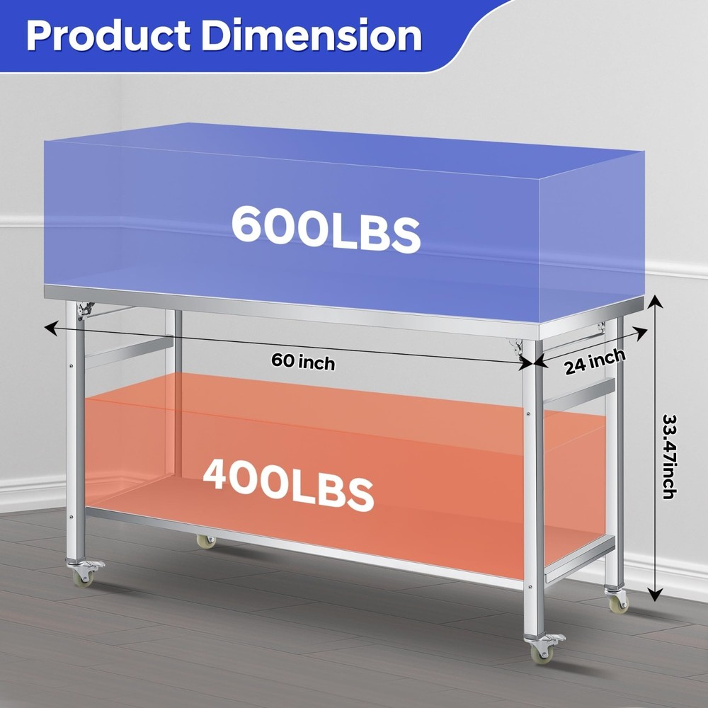 60" x 24" Stainless Steel Table 920 LBS Commercial Foldable Prep Table Worktable
