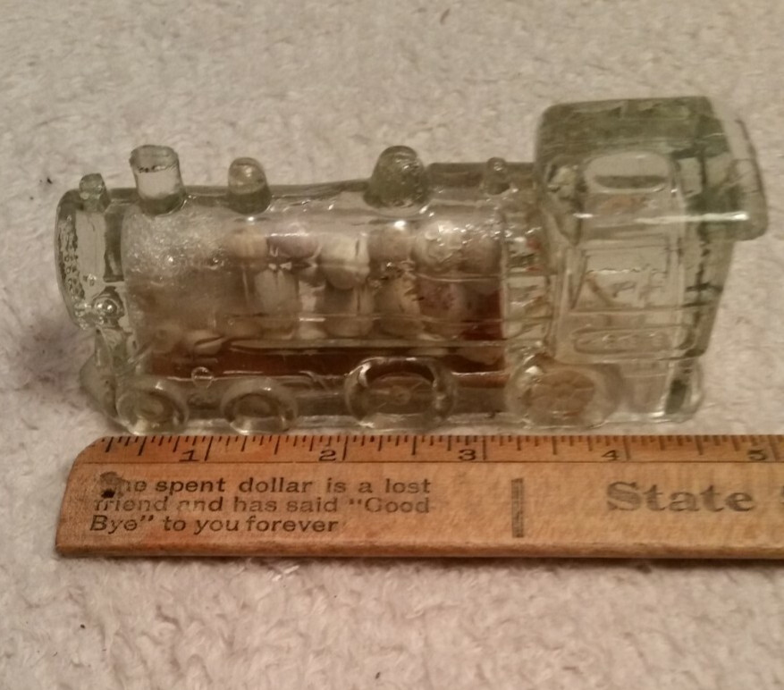 2 Candy Container Vintage Train Engine Unopened  barrel donkey lid clear glass