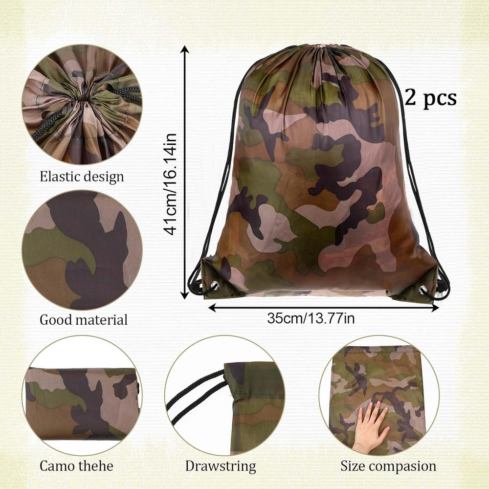 2PCS Camo Bag Drawstring Backpack Draw String Bag 13.8 × 16.5 Inch Camouflage Wa