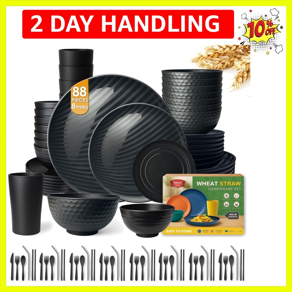 88-Piece With Flatware Kitchen Plastic Wheat Straw Dinnerware Set for 8, Dinn...