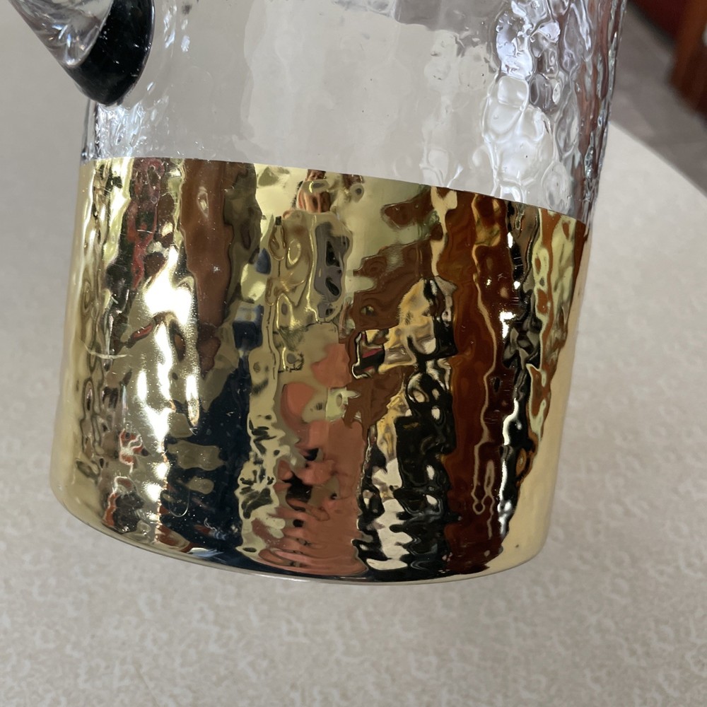 Mud Pie? Clear Hammered Glass Gold Ring Base Pitcher Handle 9.5”