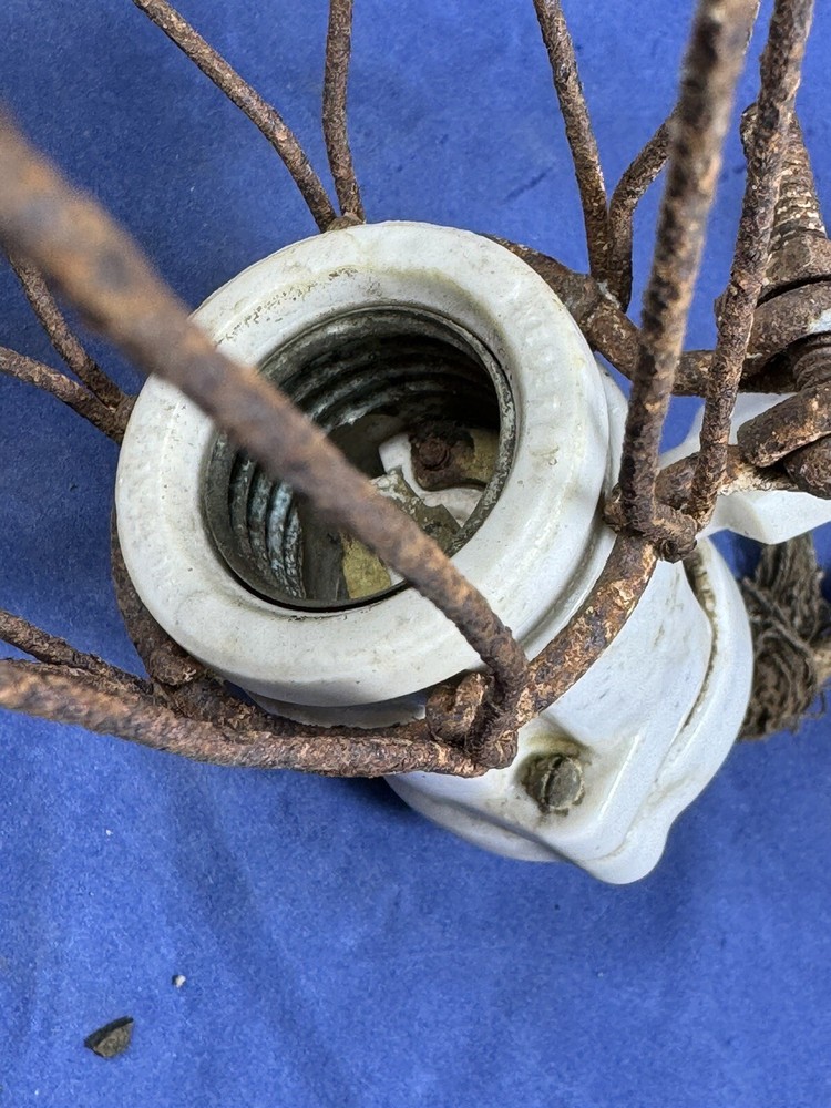 C.1915 Weber Porcelain Socket & Paddle Switch w/ Metal Cage ~ Old Drop Light