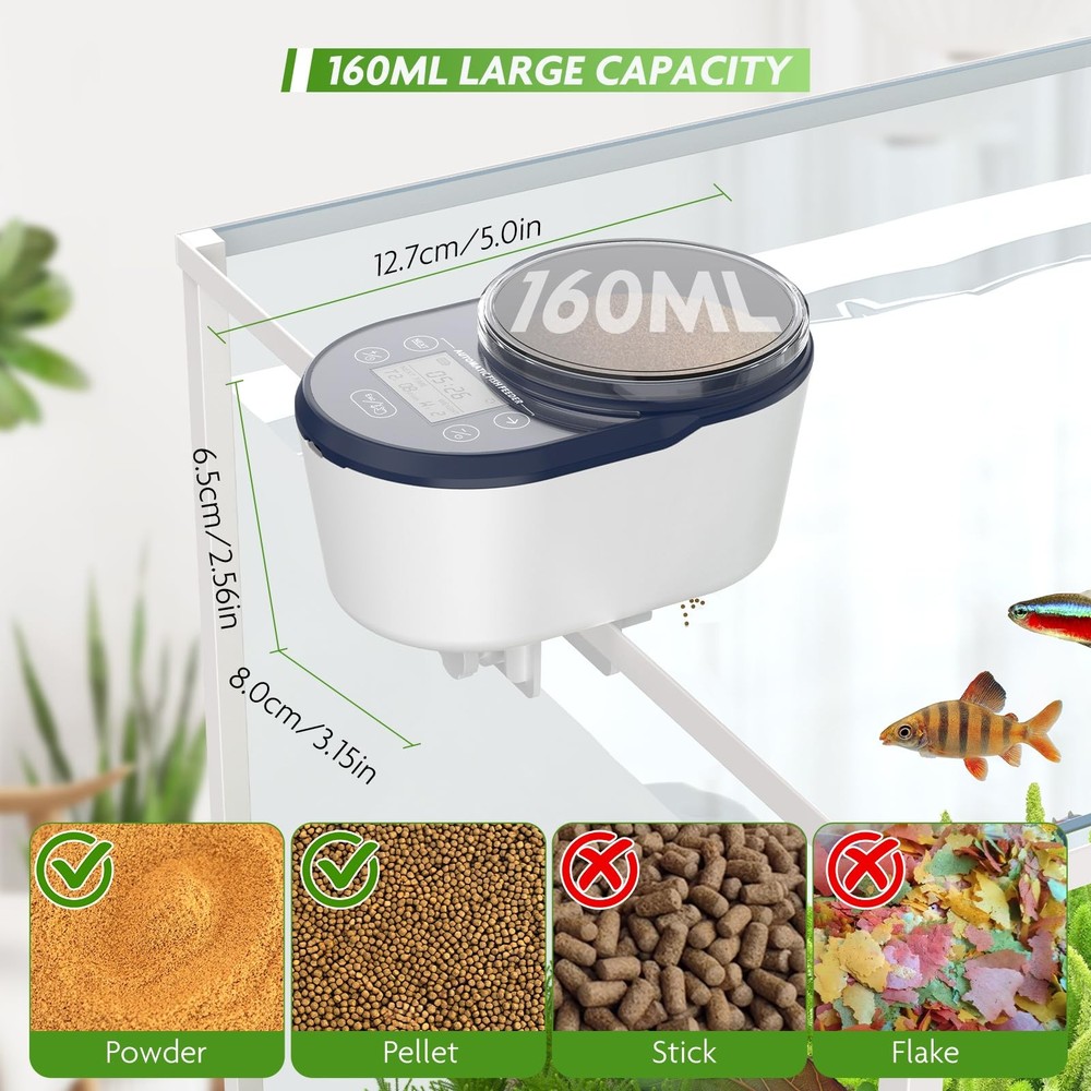 PAIZOO Automatic Fish Feeder, Rechargeable Timer Dark Blue＆ White