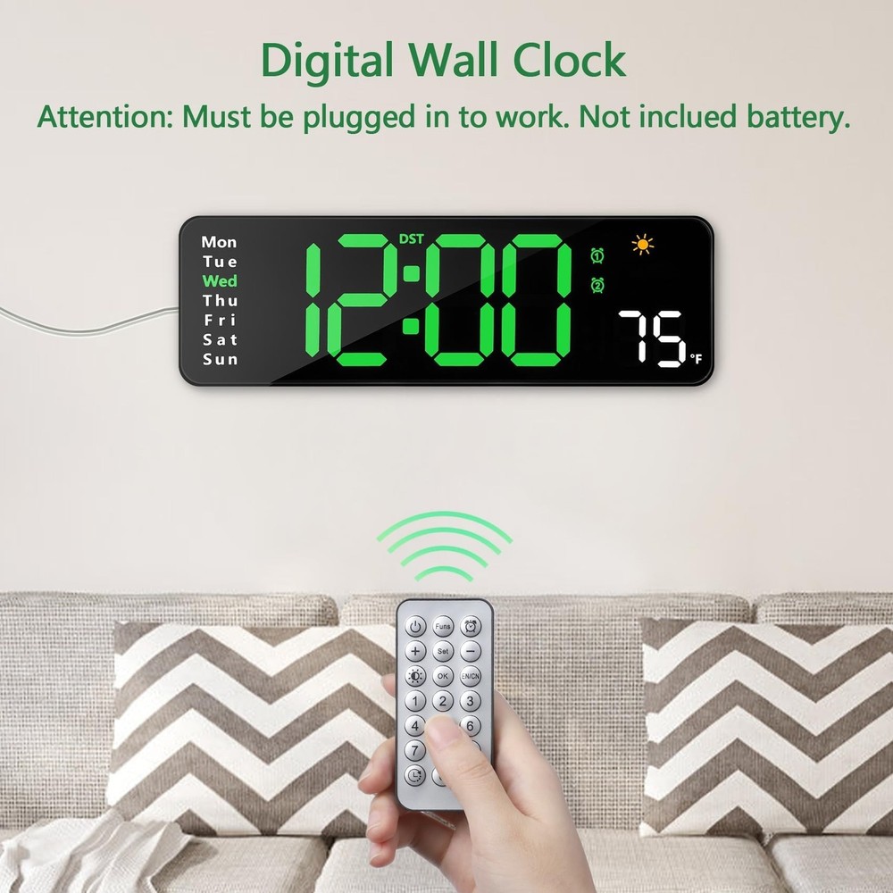 Digital Wall Clock with Remote Control, Large Display Plug in LED Digital Ala...