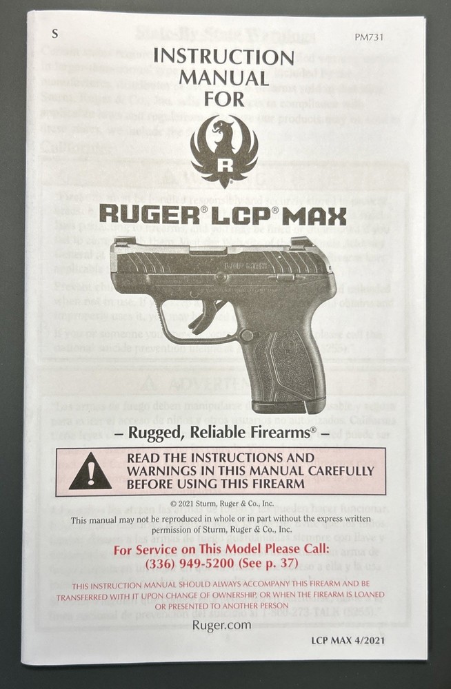 RUGER: LCP MAX - Manual (Factory Original)