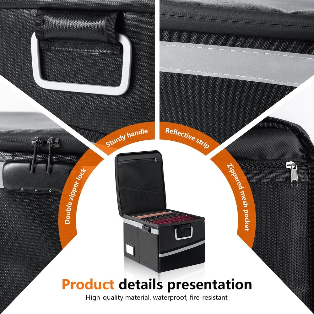 Fireproof Waterproof Document Box with Lock - Portable File Organizer (Black)