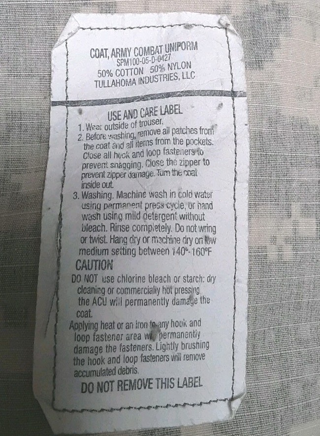 Coat, Army Combat Uniform Size Medium Long