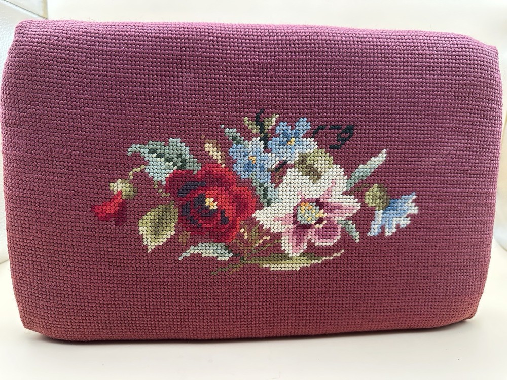 Antique Victorian Needlepoint Wooden Footstool Rectangular Floral