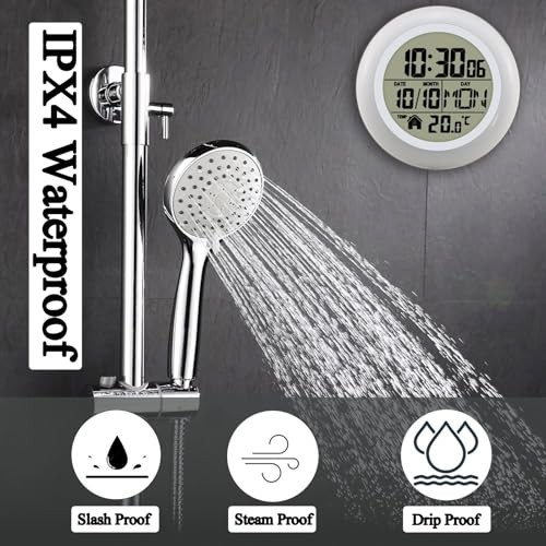 Shower Wall Clock, Digital Timer Shower Clock Waterproof, Bathroom Clock White