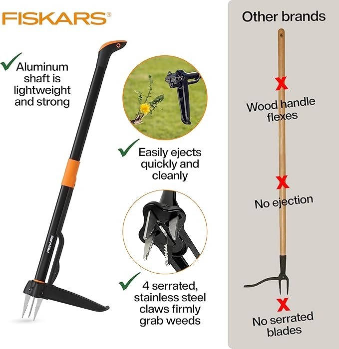 Fiskars 4-Claw Stand Up Weed Puller Tool, Gardening Hand Weeding Tool with 39" L