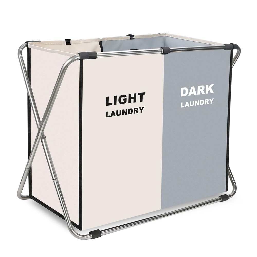 Laundry Cloth Hamper Sorter Basket Bin Foldable 2 Sections with stainless ste...