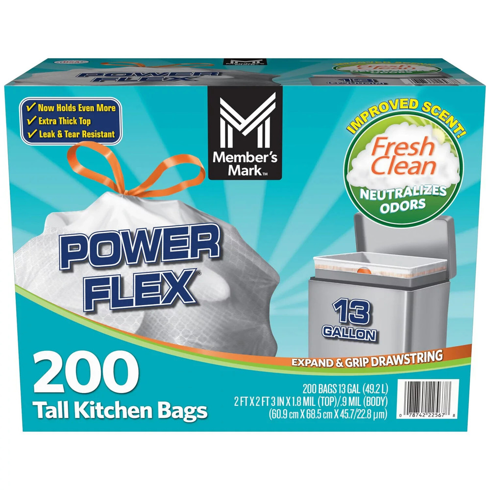 Member'S Mark Power Flex Tall Kitchen Drawstring Trash Bags, Fresh Scent (13 Gal