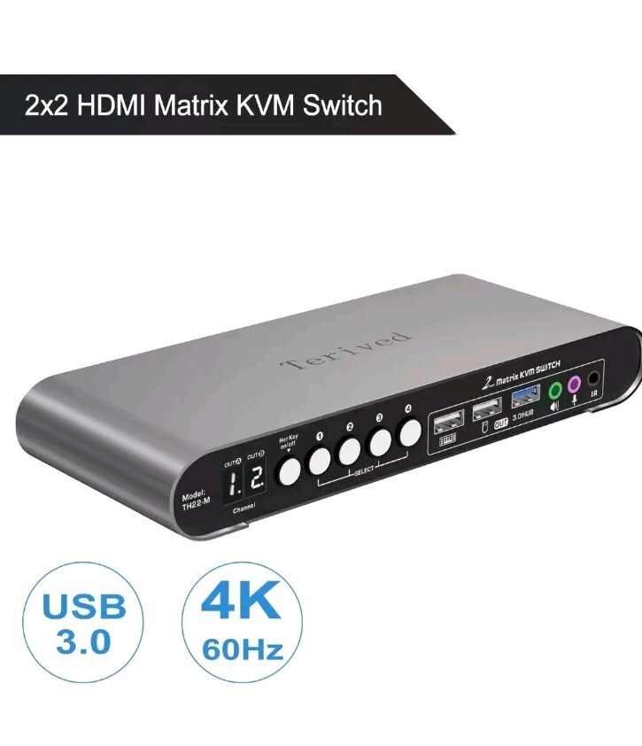2 Computers 2 HDMI Monitors Matrix Automatic KVM Switch 4K@60Hz Hotkey Switching