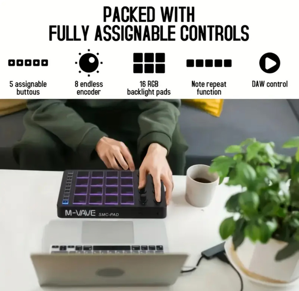 M-VAVE SMC-PAD Wireless MIDI Controller Suitable MINI Percussion USB-C Keyboard