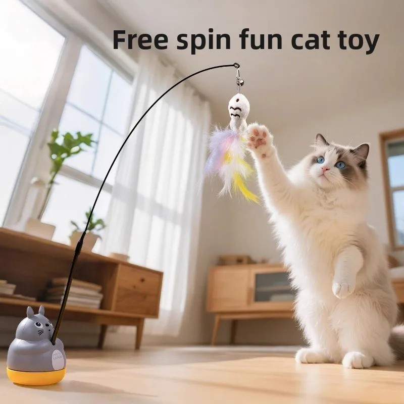 Interactive Cat Teaser Toy 360 Rotating Feather Wand Suction Base Fun