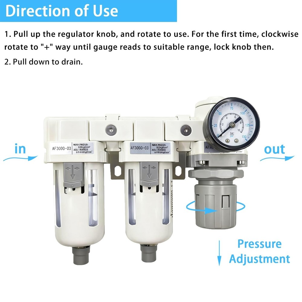 3/8" NPT Compressed Air Filter Regulator Lubricator Combo-Double,Semi-Auto Drain