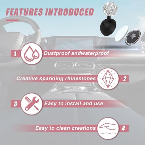 Car Push Start Button Cover, Rhinestone Engine Start Stop Button Joystick White